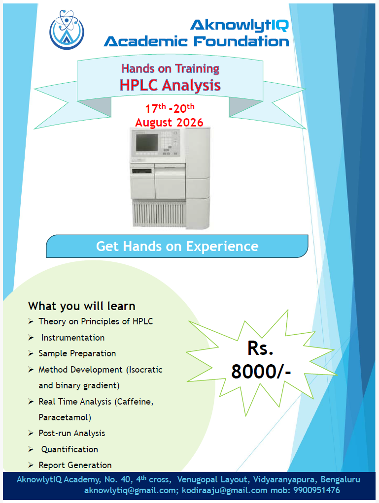 Four-Day Hands-on Training on HPLC – August 17-20, 2026 at AknowlytIQ Academy, Bengaluru